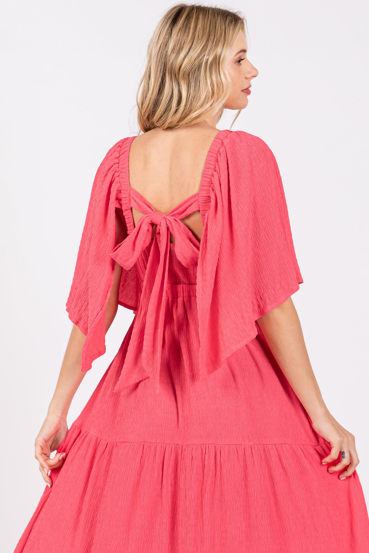 Coral Flounce Sleeve Tiered Dress