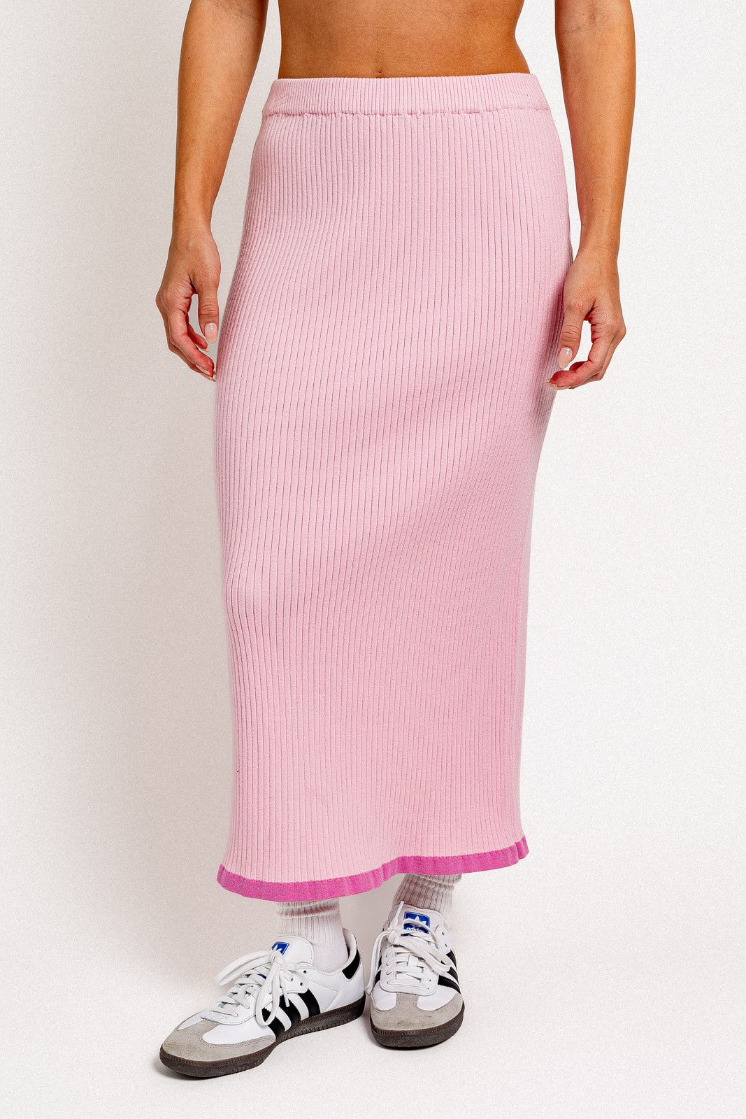 Pink Rib Knit Midi Skirt