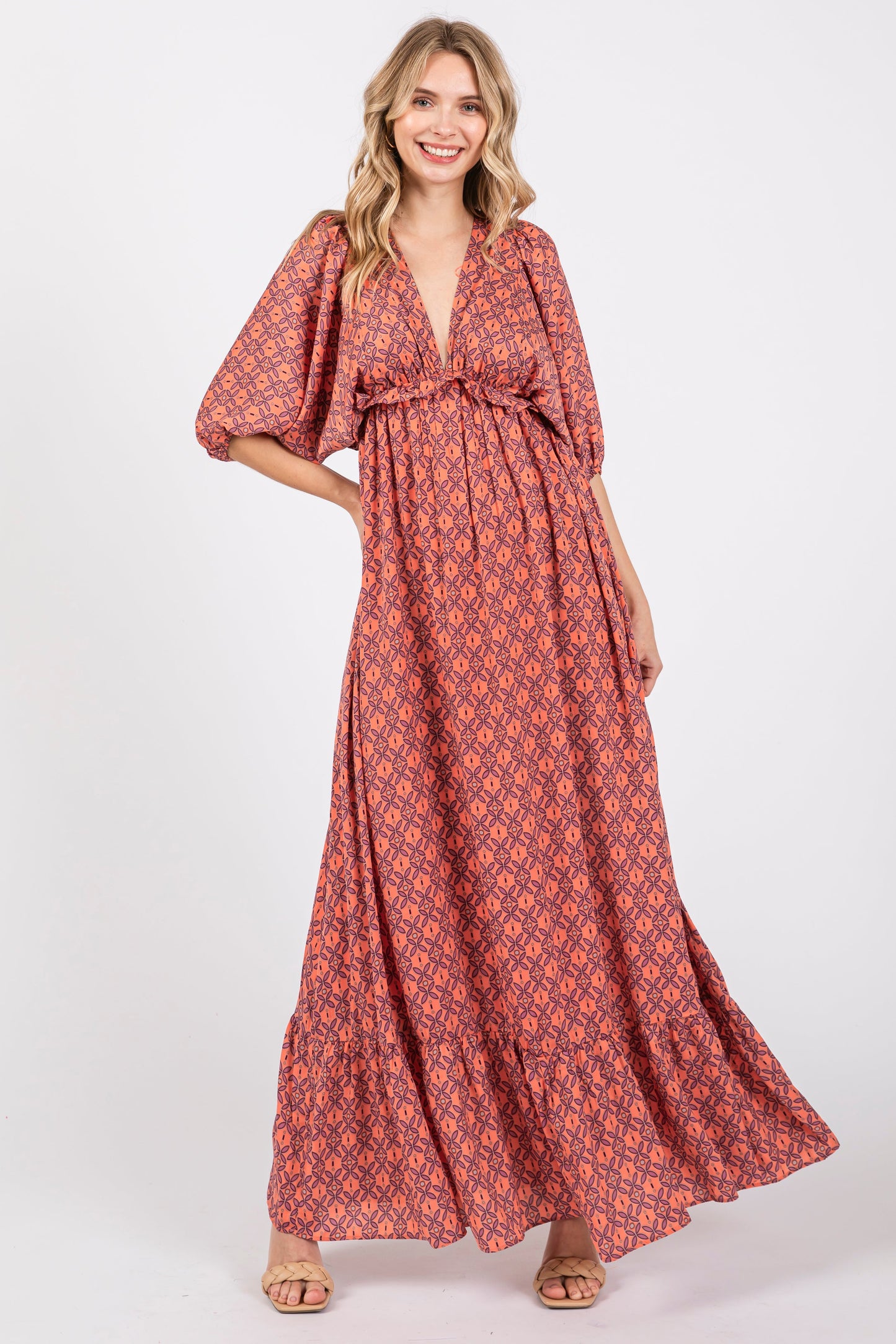 Orange Deep V-Neck Short Puff Sleeve Ruffle Maxi Dress