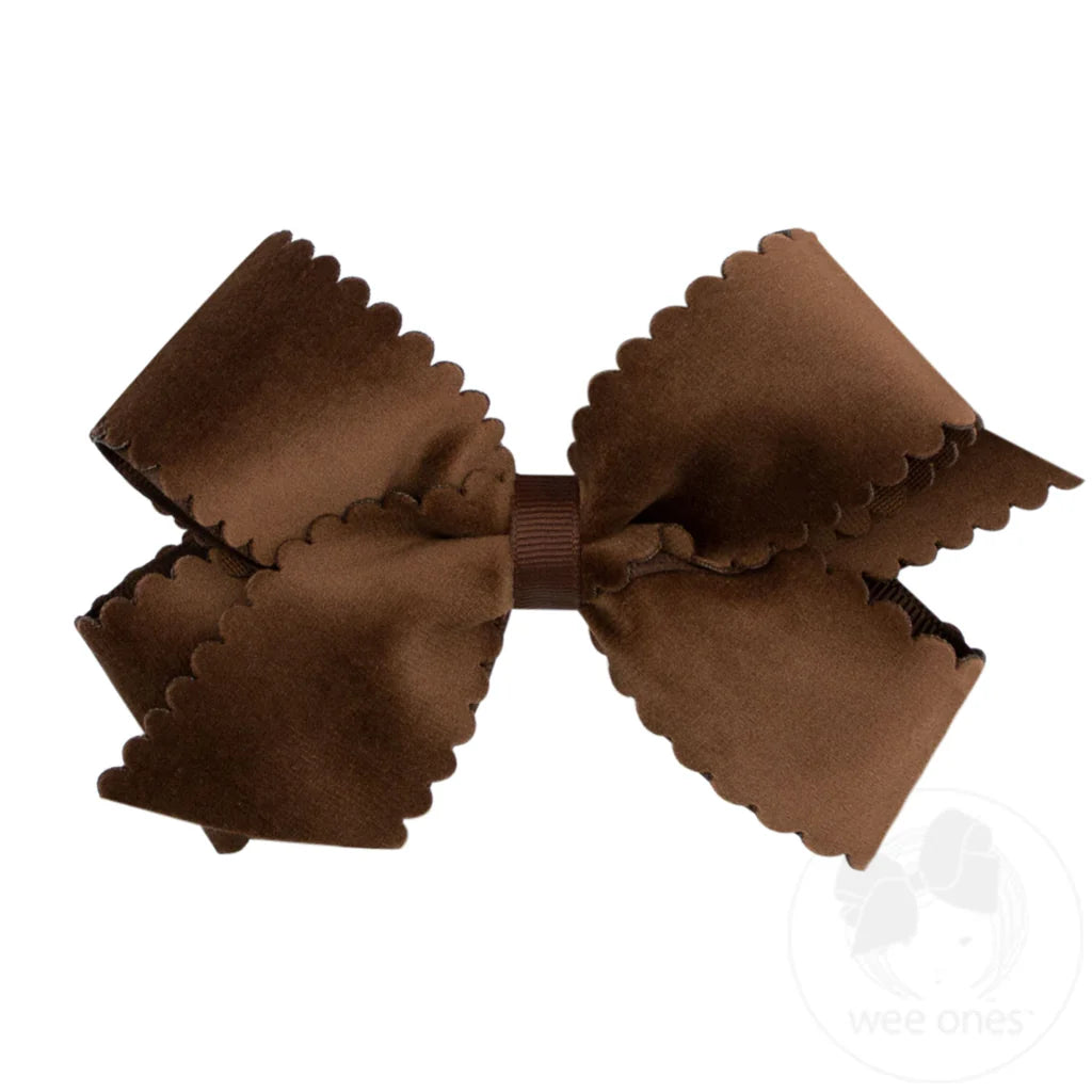 Medium Grosgrain Hair Bow with Scalloped Edge Faux Velvet Overlay – Chocolate