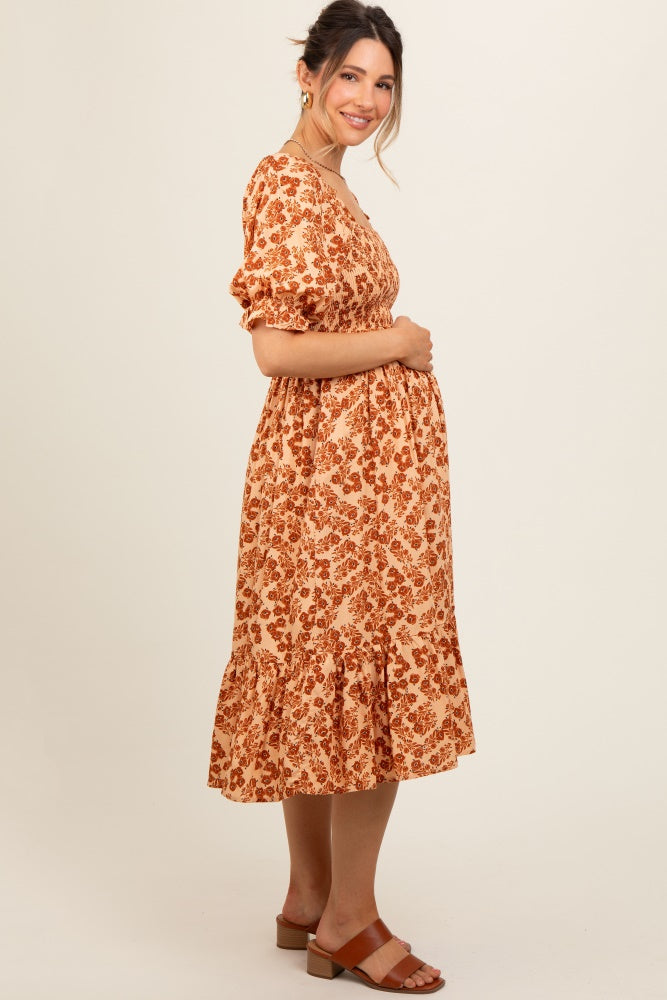 Rust Square Neck Smocked Maternity Dress