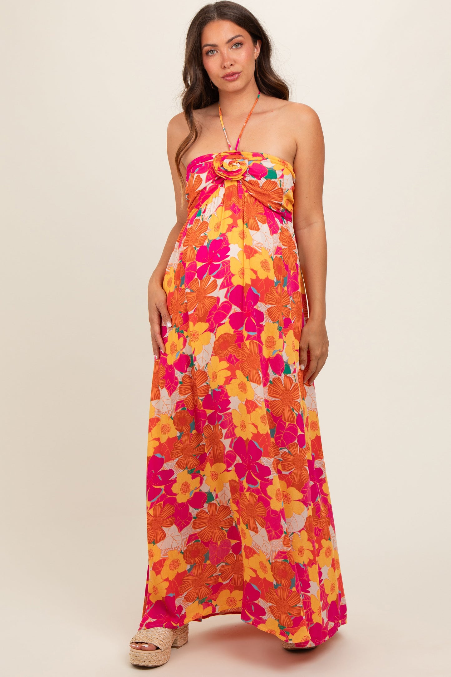 Peach Floral Halter Maternity Maxi Dress
