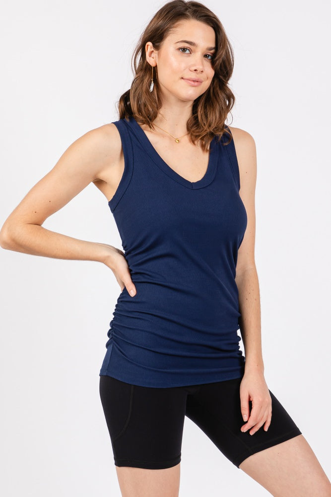 Navy Ribbed Sleeveless Ruched Maternity Tank Top