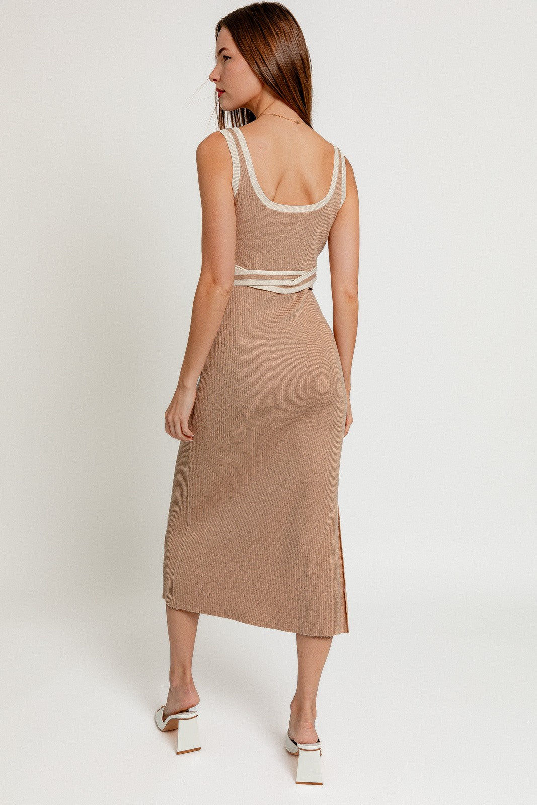 Taupe Ribbed Square Neck Side Slit Dress