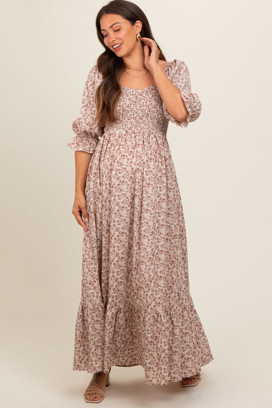 Cream Sweetheart Neck Smocked Ruffle Hem Maternity Maxi Dress