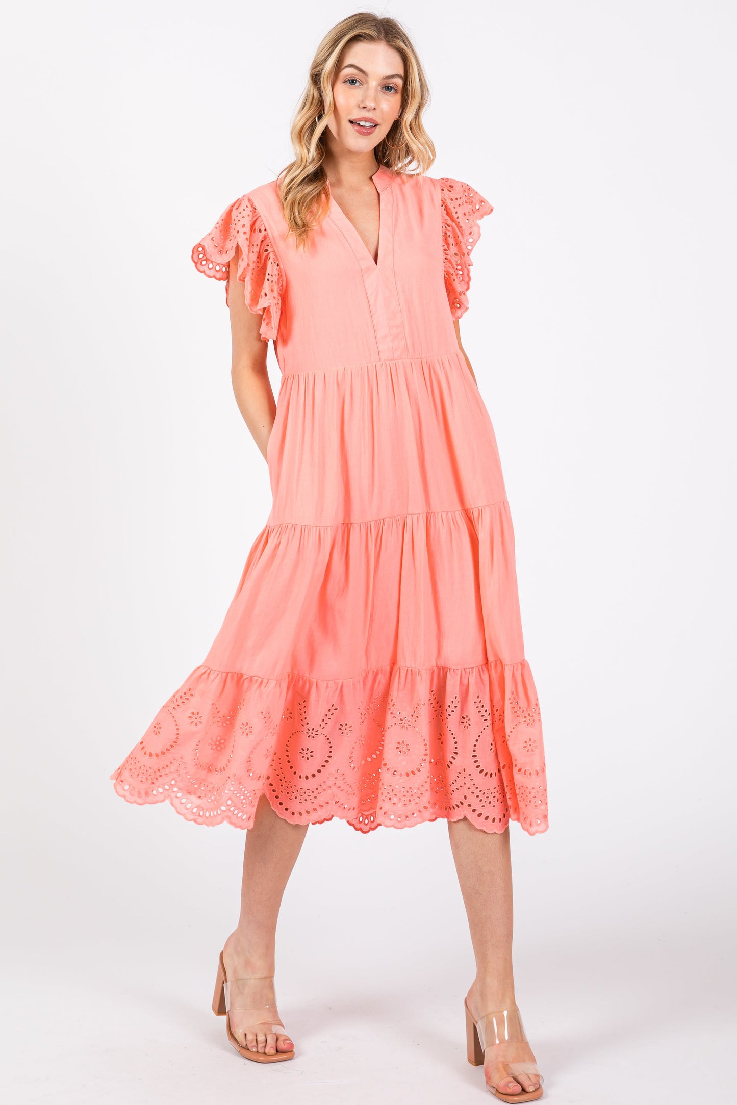Peach V-Neck Eyelet Detail Ruffle Shoulder Tiered Maternity Midi Dress