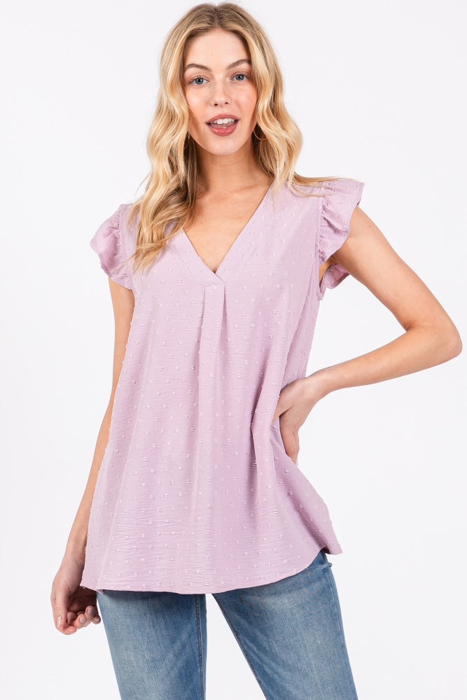 Lavender Swiss Dot Flutter Sleeve V-Neck Maternity Top