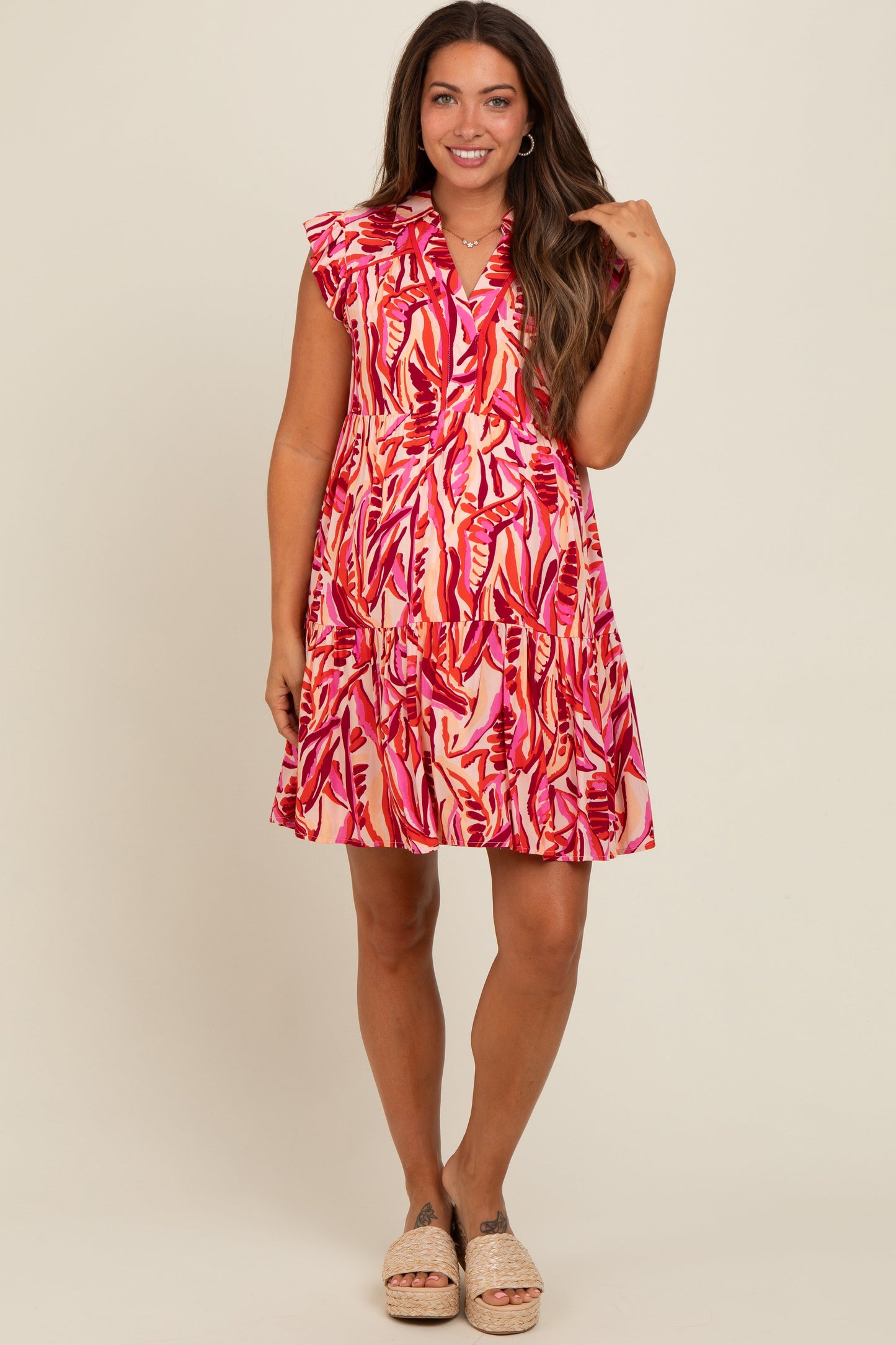 Red Printed Ruffle Sleeve Maternity Dress