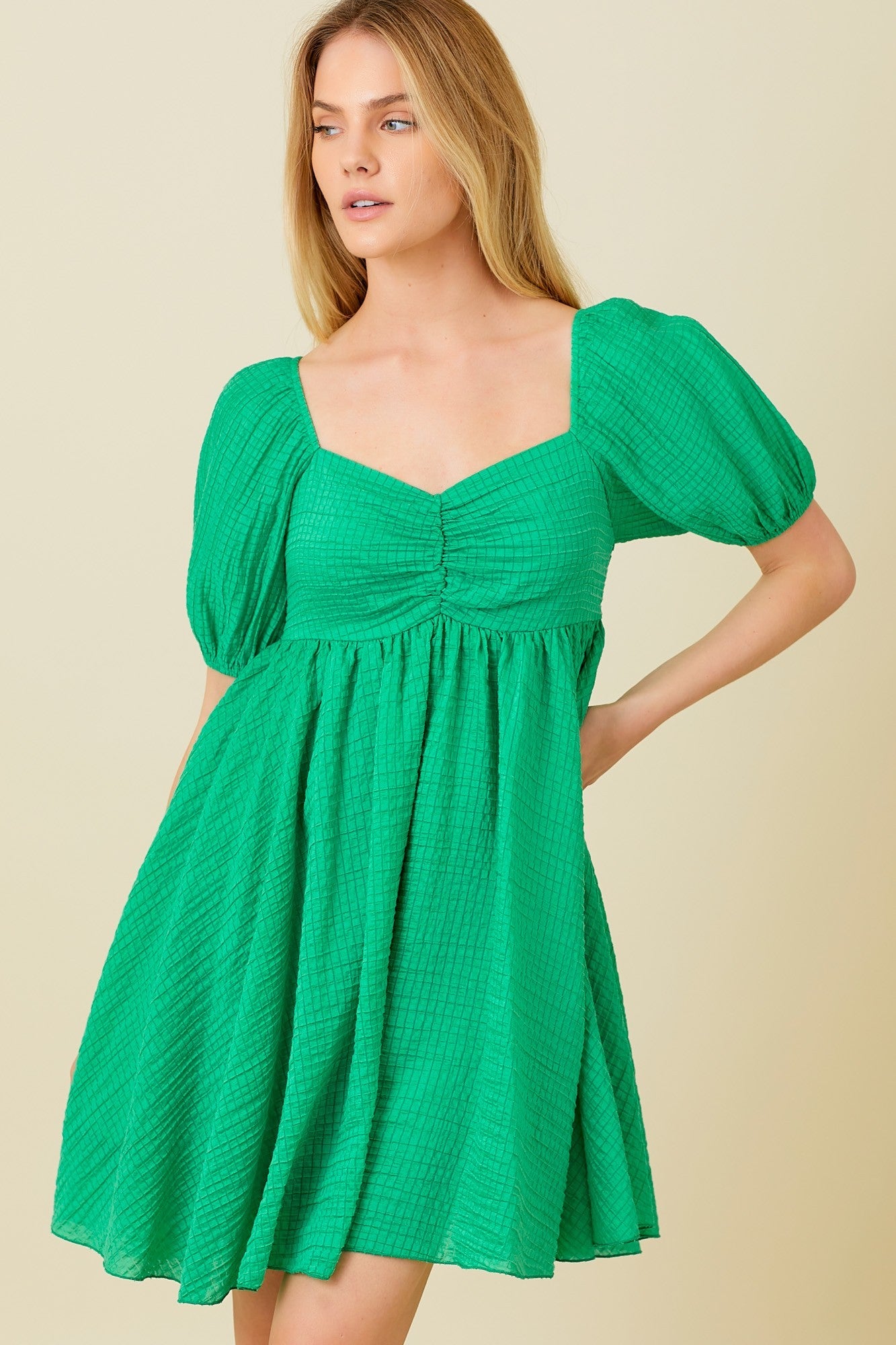 Green Textured Puff Sleeve Sweetheart Neckline Dress The Prissy Pelican Green Textured Puff Sleeve Sweetheart Neckline Dress The Prissy Pelican