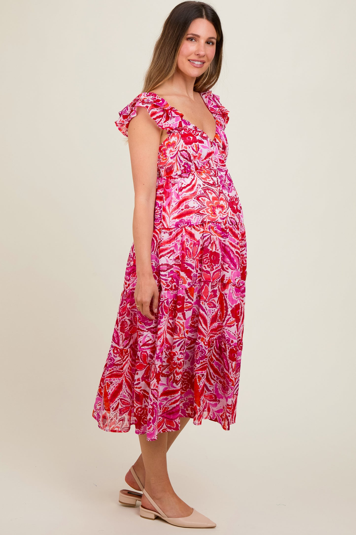 Fuchsia Floral Flutter Sleeve Maternity Dress