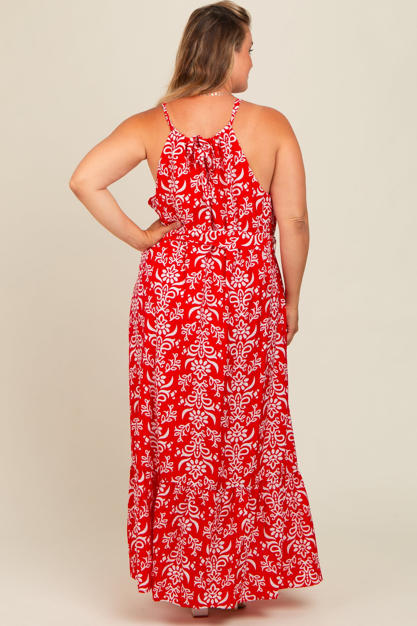 Red Floral Self Tie Sleeveless Maternity Dress