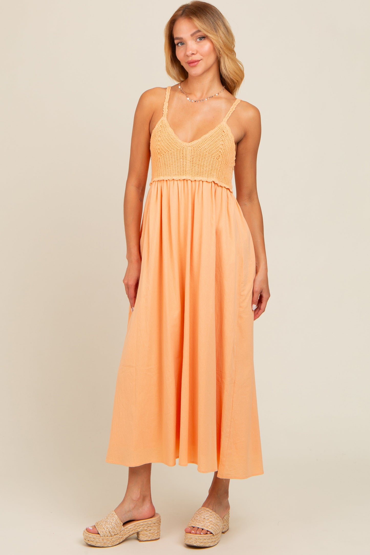 Peach V-Neck Crochet Top Midi Dress