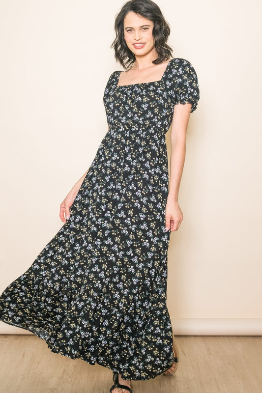Black Floral Short Sleeve Maxi Dress