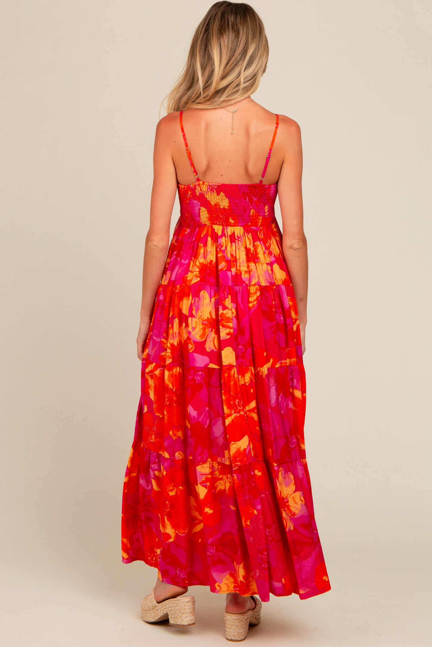 Orange Floral Print Tiered Maternity Dress