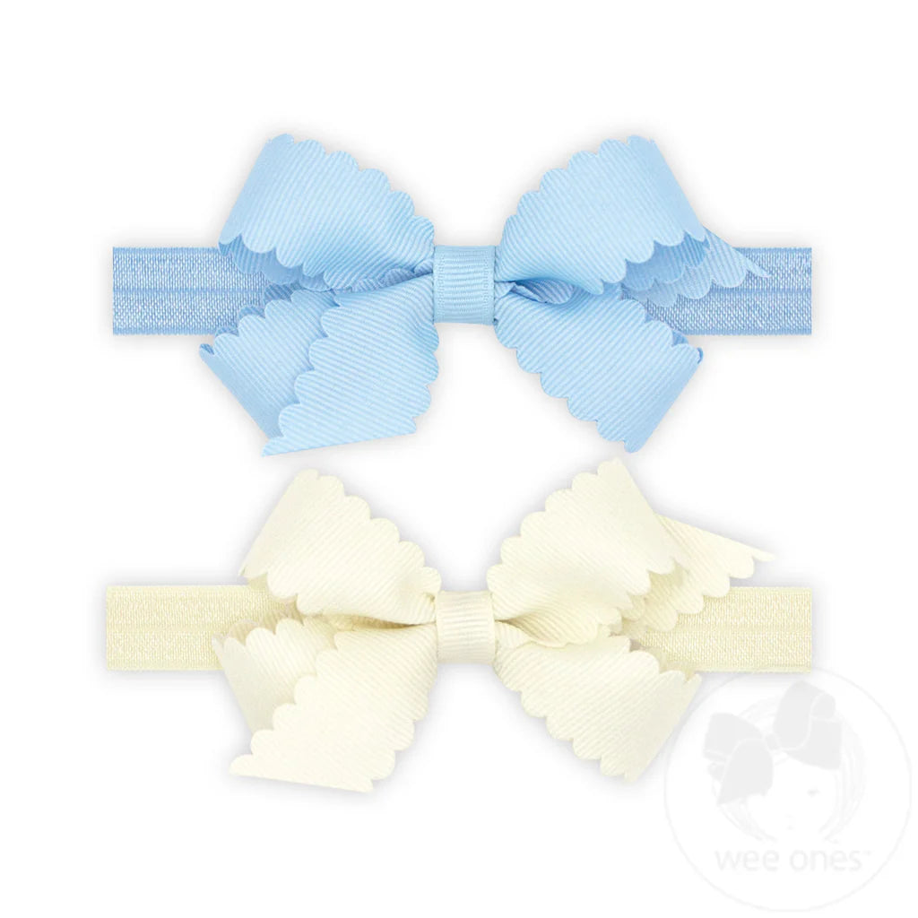 GIFT PACK! Two Mini Scallop Bows with Bands – Blue & Ivory