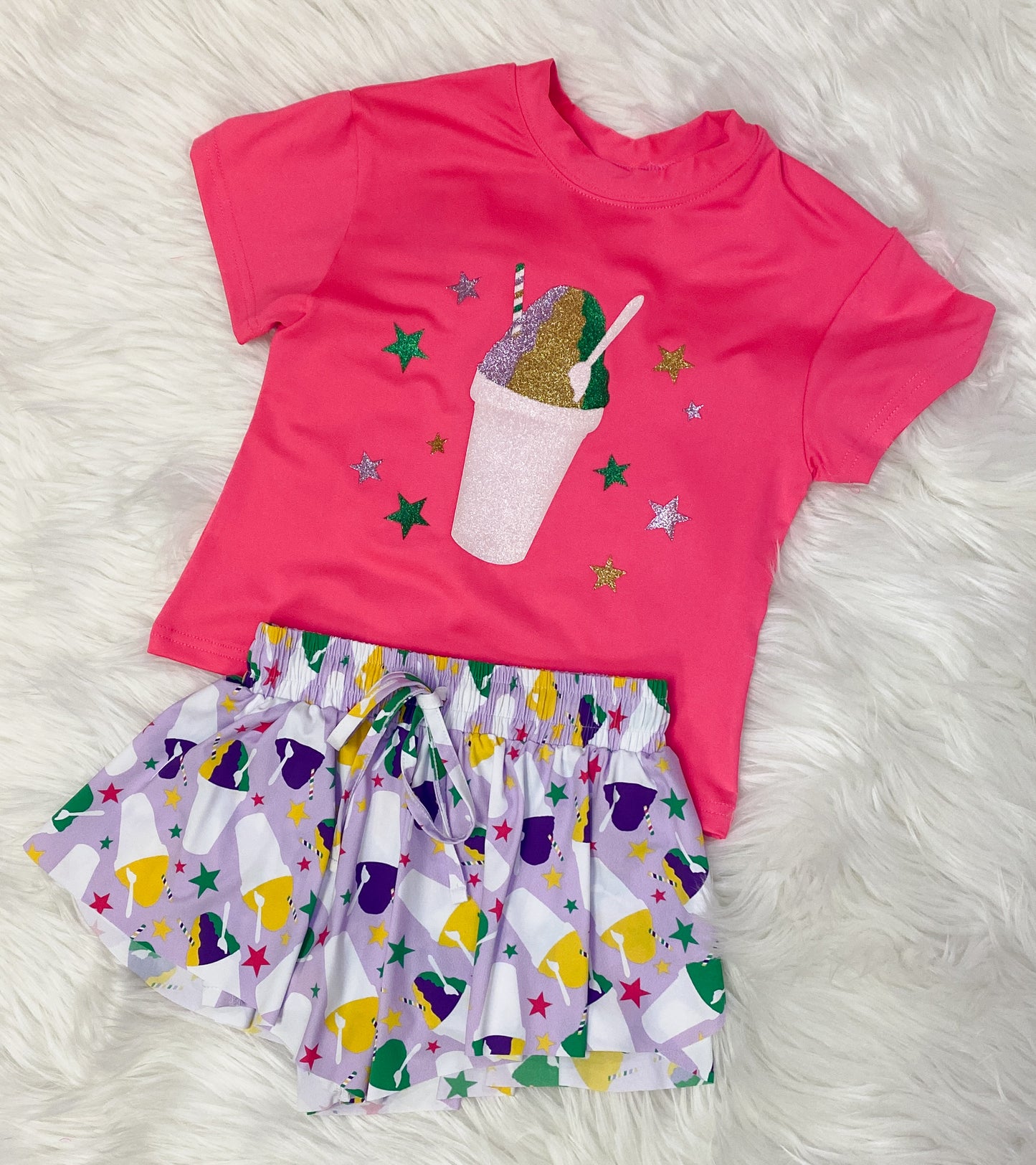 Snoball Glitter on Neon Pink Boxy T Mardi Gras