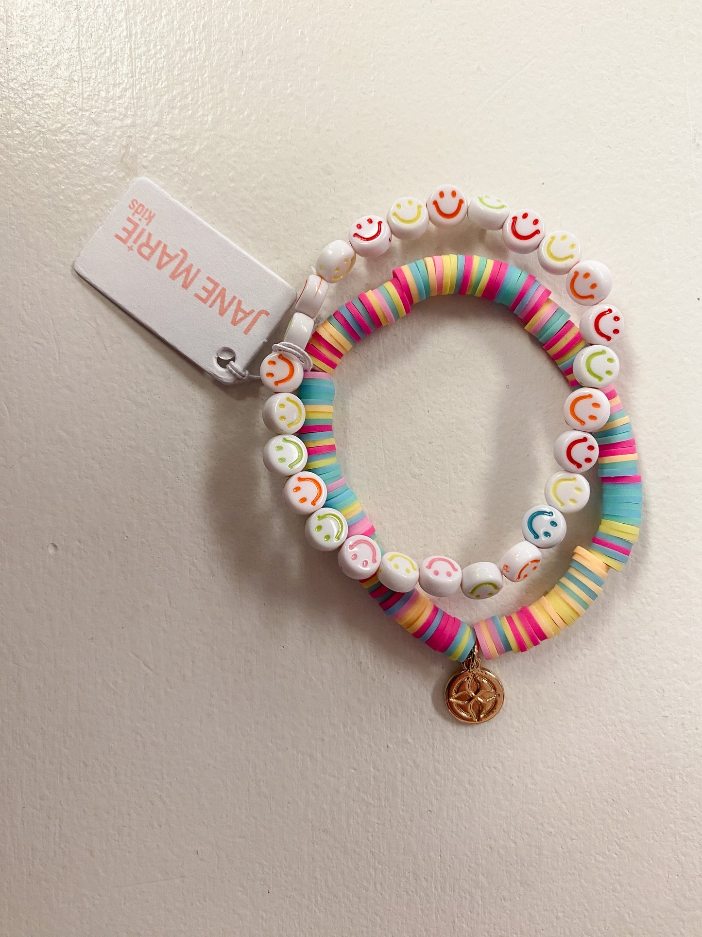 Kids Set of 2, Multi Rubber Disk with Smiley Face Beaded Bracelet