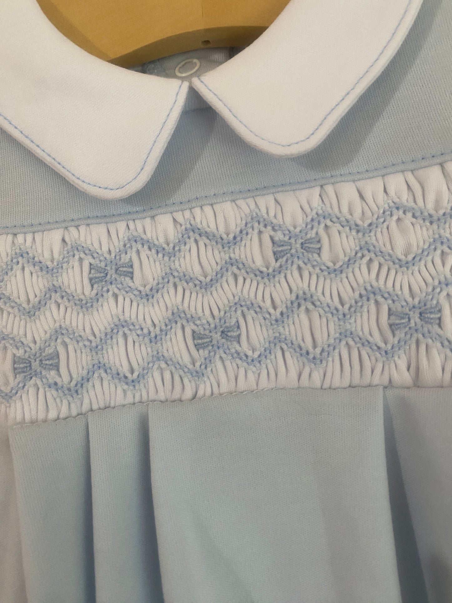 Smocked Collared Long Sleeve Gown - Blue