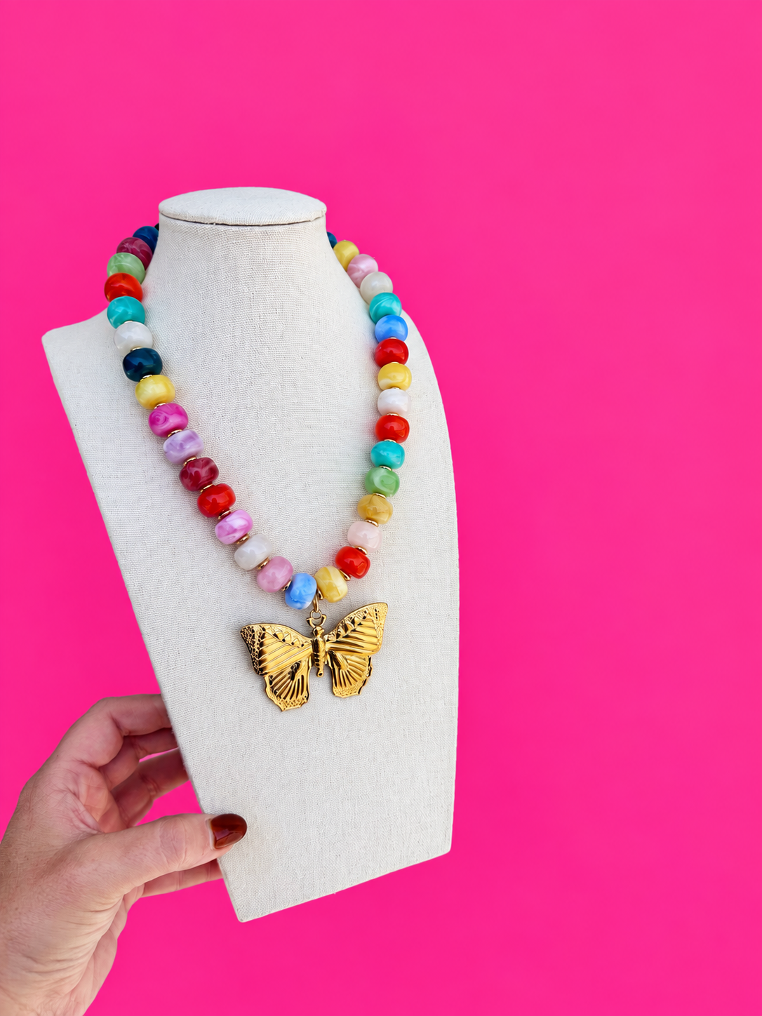 Multi Bead Necklace with Butterfly Charm
