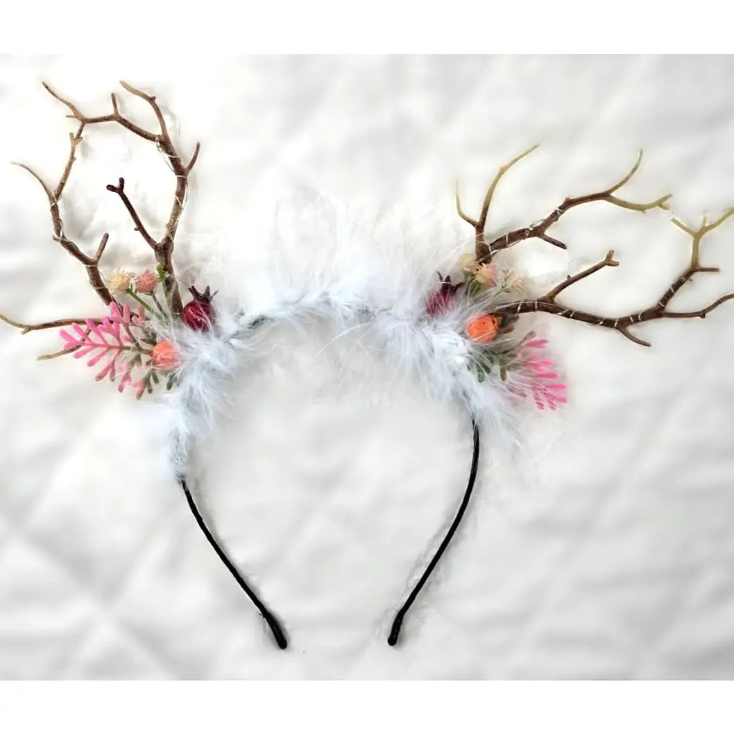 Whimsical Light-Up Reindeer Antler Headband with Feathers & Florals