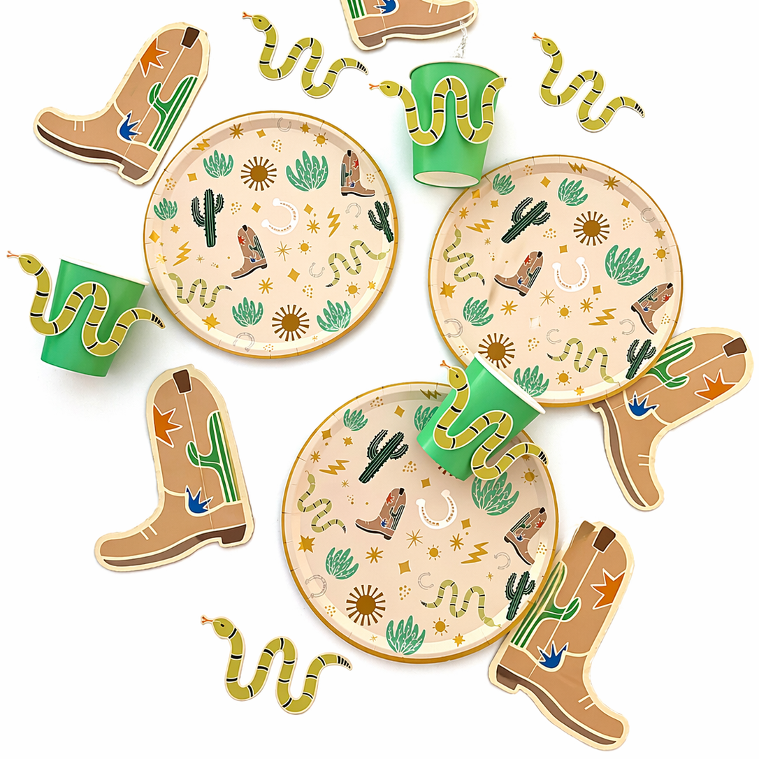 Western Birthday Party Supplies Pack (Serves 12) | Cowboy & Rodeo Themed Kids Party Kit | Plates, Cups & Tableware Set