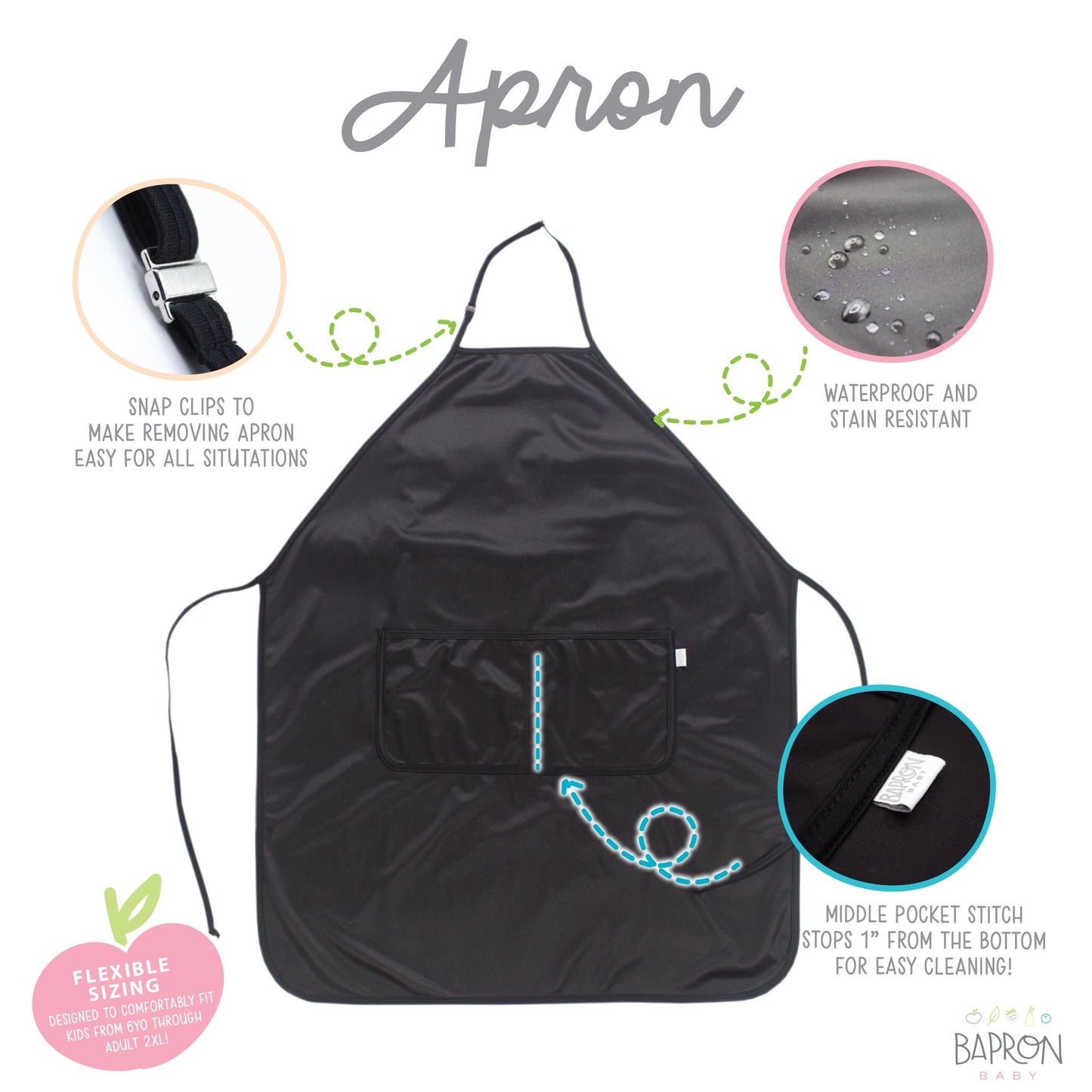 Solid Black Minimalist Apron - fits sizes youth small through adult 2XL