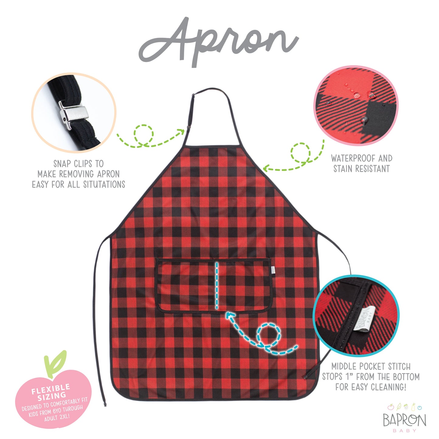 Red Buffalo Plaid Apron - fits sizes youth small through adult 2XL SALE