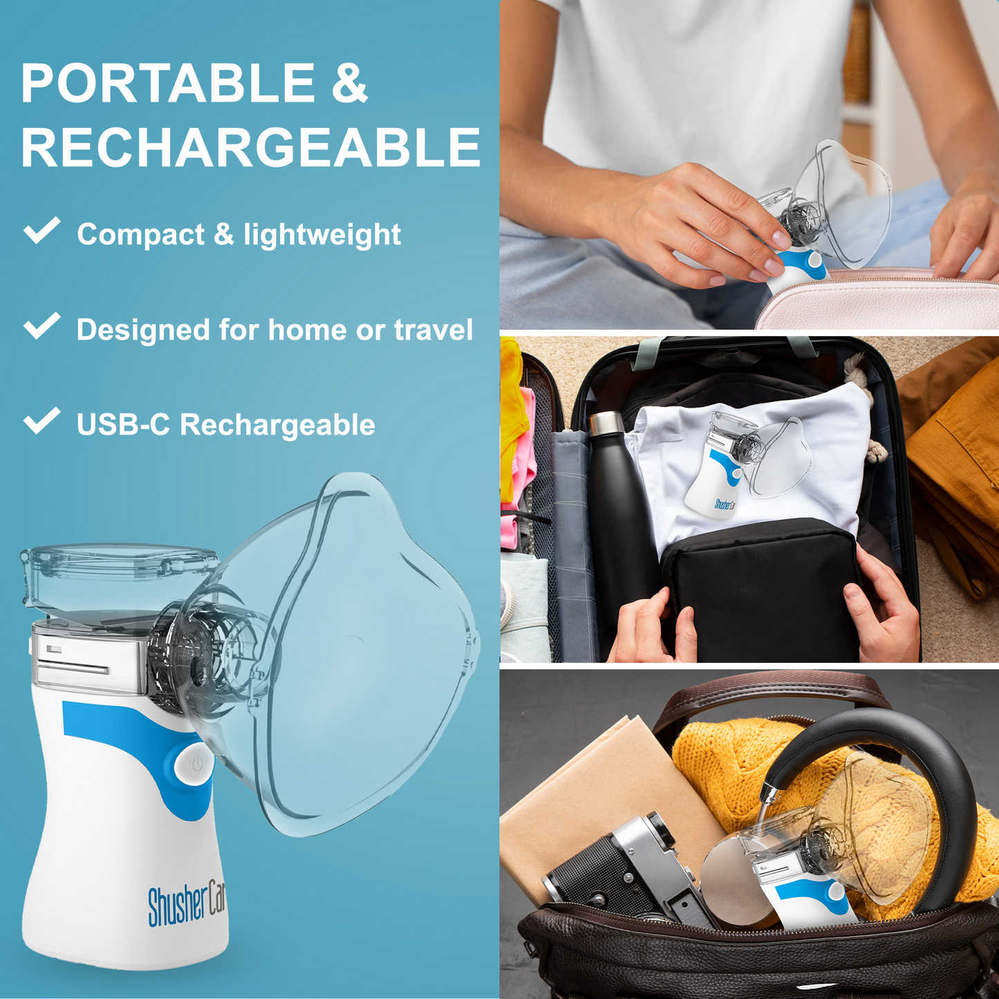 Shusher Care Portable Nebulizer – Whisper-Quiet Mesh Nebulizer for Adults & Kids, USB-C Rechargeable