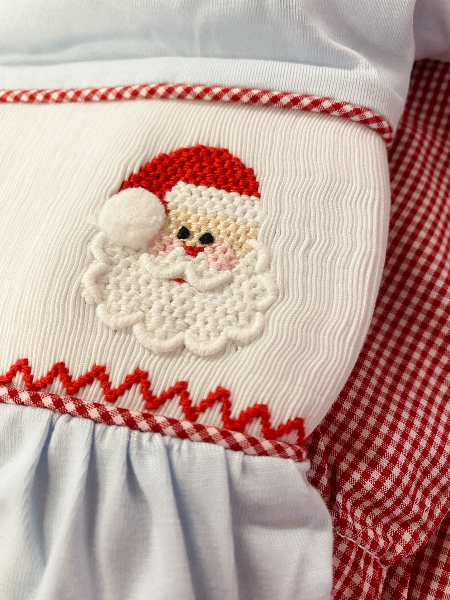 Santa Smocked Boys Pant Set – Blue Shirt & Red Gingham Christmas Outfit