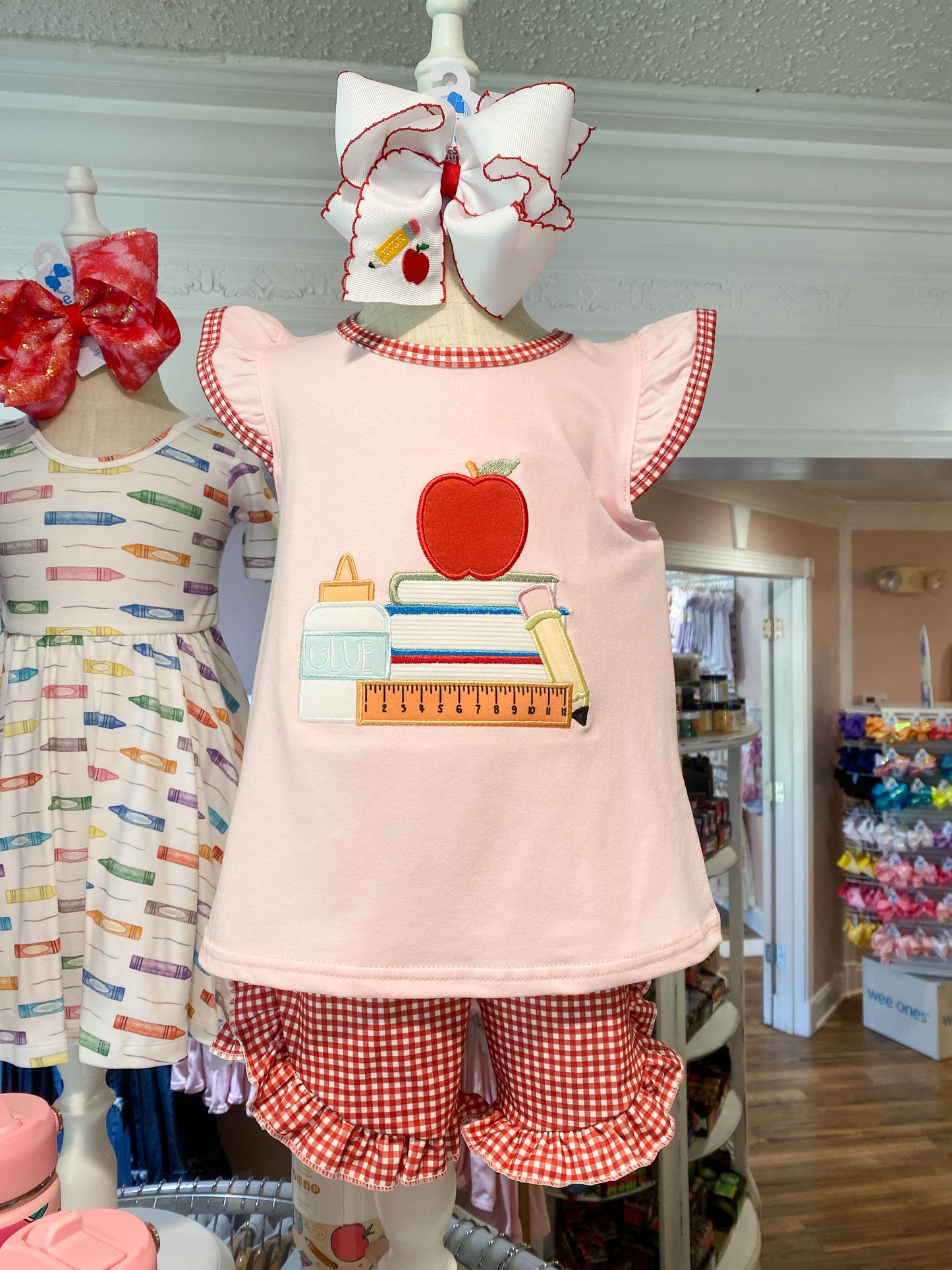Pencil Embroidery Grosgrain Hair Bow with Red Moonstitch Edge