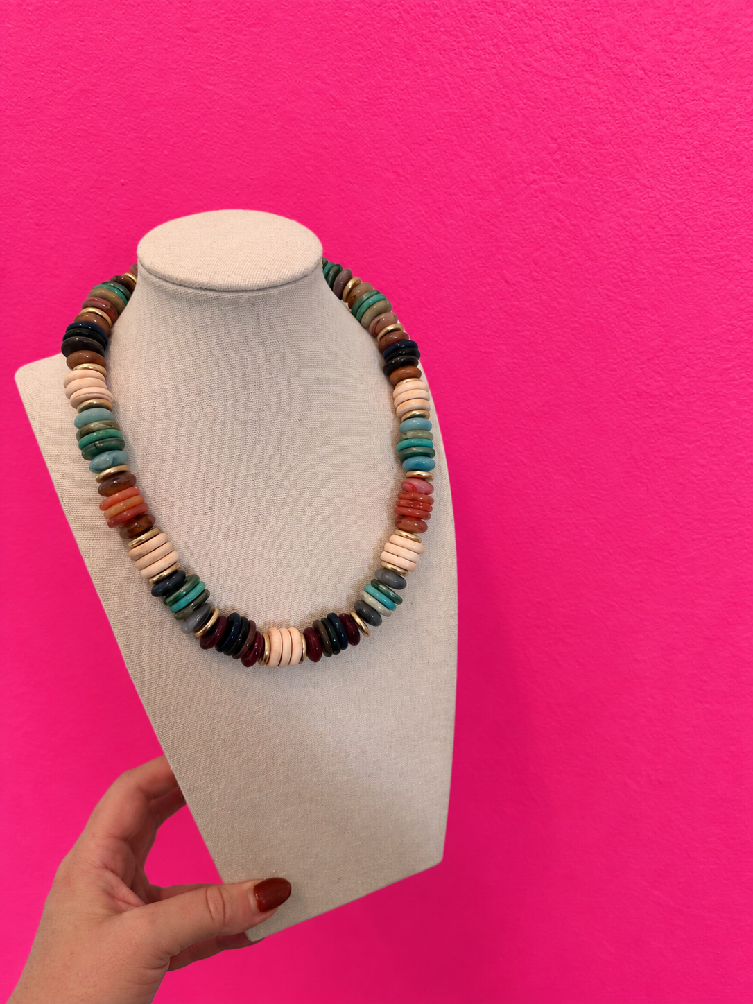 Fall Chunky Mix Bead Statement Necklace - Teal, Brown, Light Brown