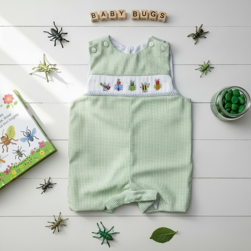 Boys Smocked Bug Jon Jon – Green Gingham Beetle Embroidered Jon Jon