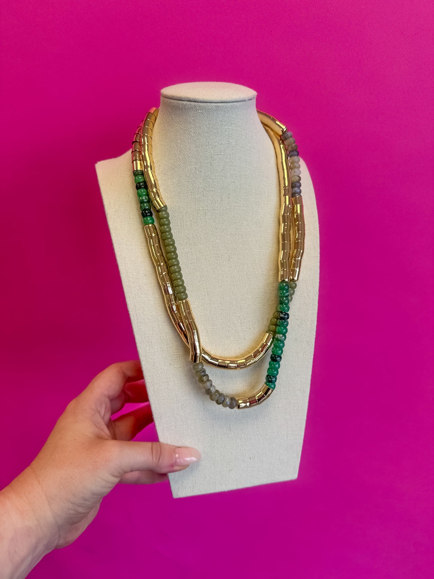 Bead and Gold Leather Necklace - Green