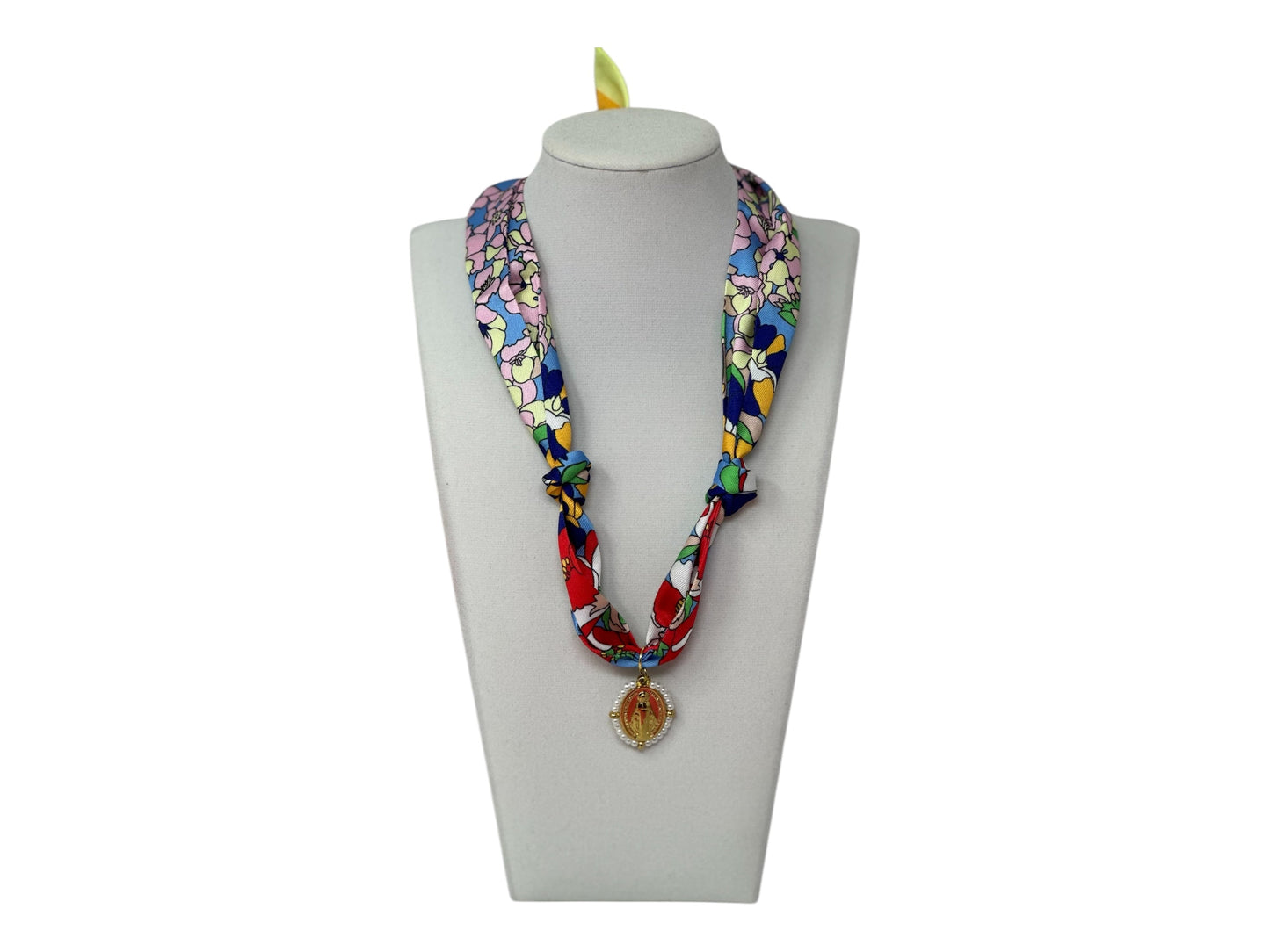 Scarf Charm Necklace - Blue Multi Flower with Mary Pendant with Pearls