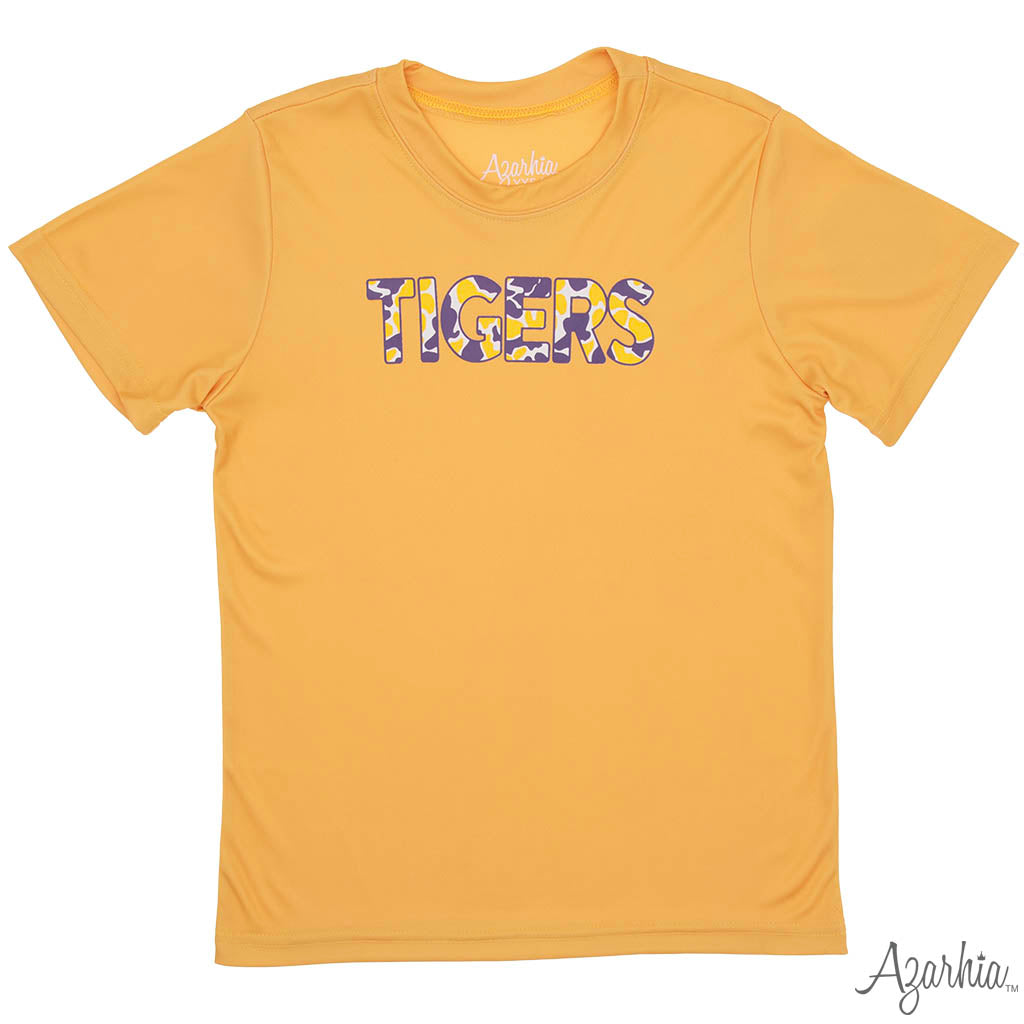 Tigers Camo on Gold Drifit Game Day Tee – Boys’ Athletic T-Shirt