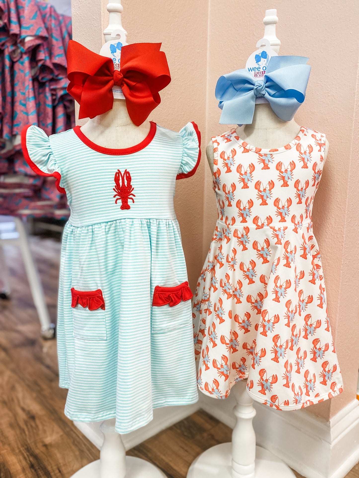 Girls White & Red Crawfish Twirl Dress with Blue Bow | Bossier City, LA