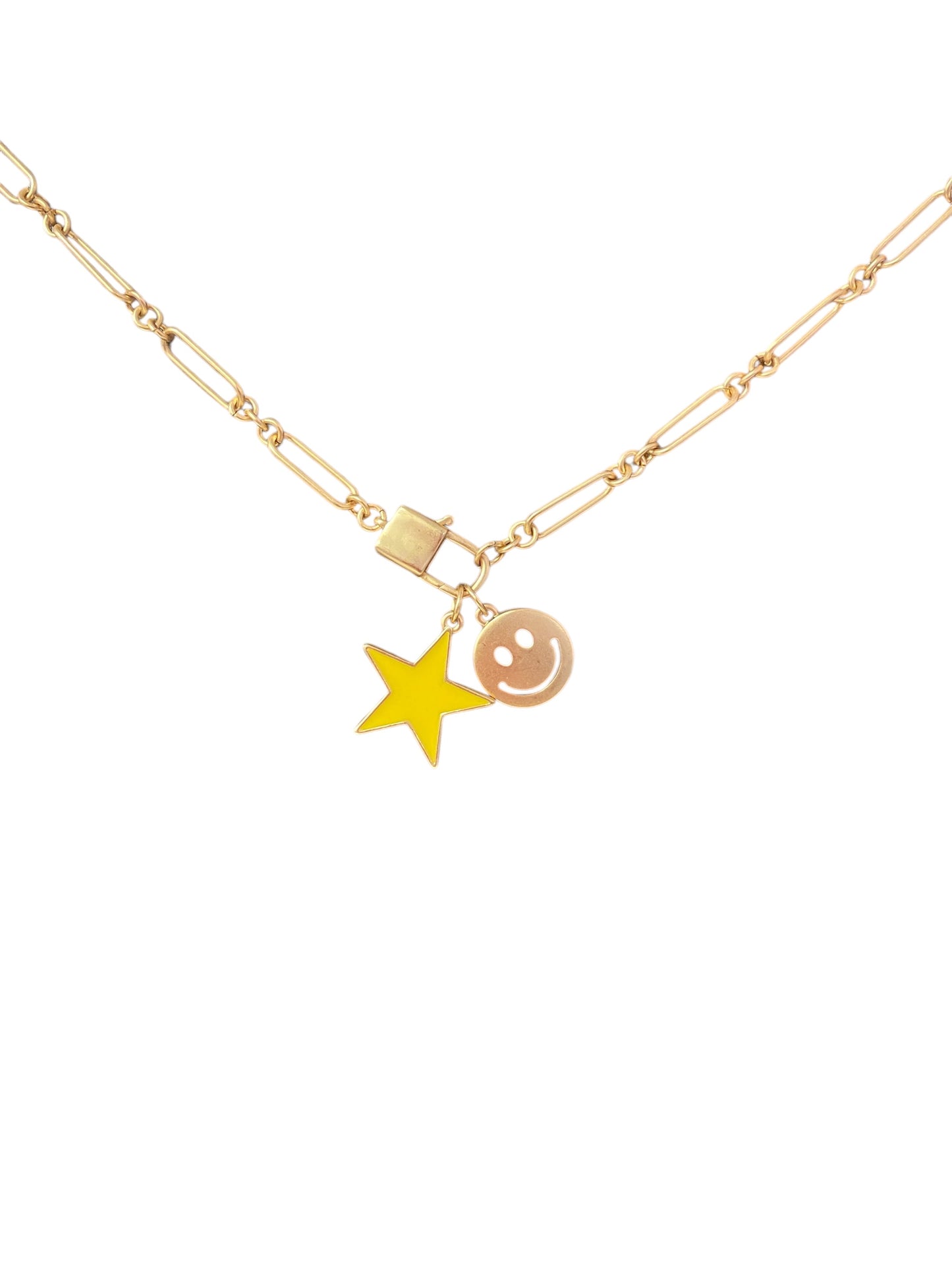 Kids 14" Gold Lobster Claw, Smiley Face Yellow Star, Gold Hammered Necklace