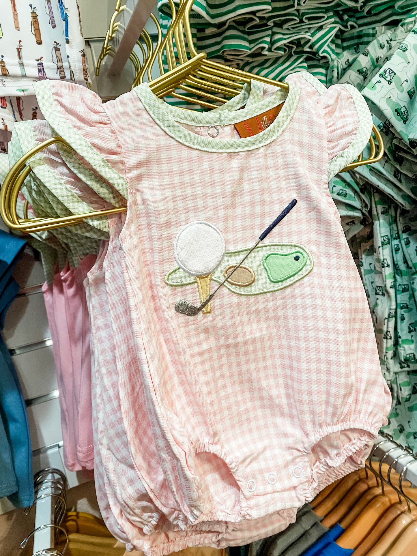 Baby Girls Pink Gingham Golf Appliqué Bubble | Southern Boutique Baby Outfit – Bossier City Louisiana