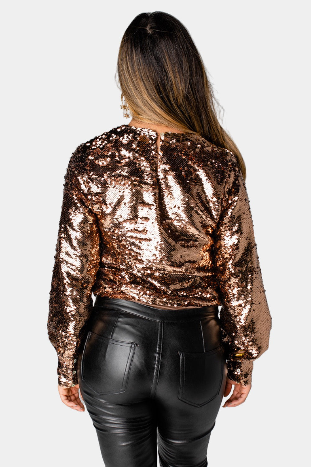 Jenny Long Sleeve Sequin Bodysuit - Copper