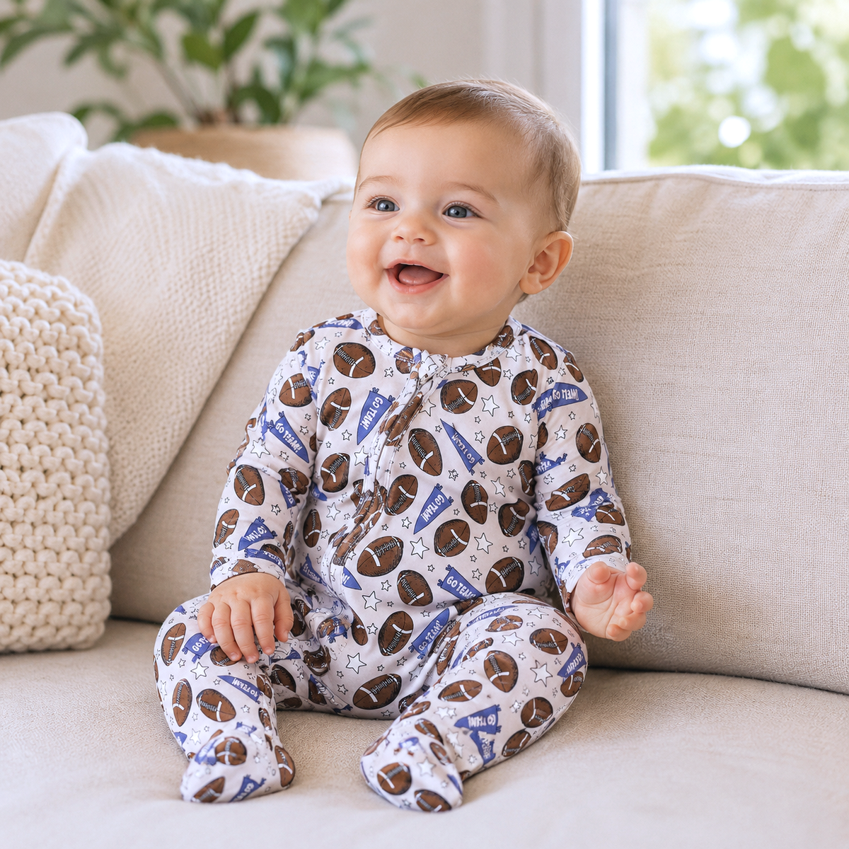 Bamboo Zipper Baby Romper โ Football Fun & Comfort