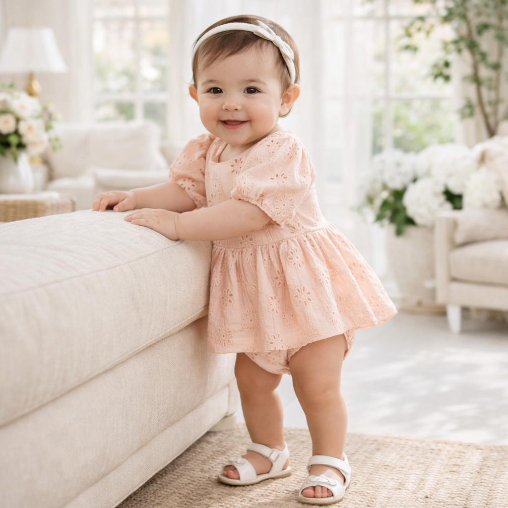 Pink Cotton Eyelet Skirted Puff Sleeve Bodysuit