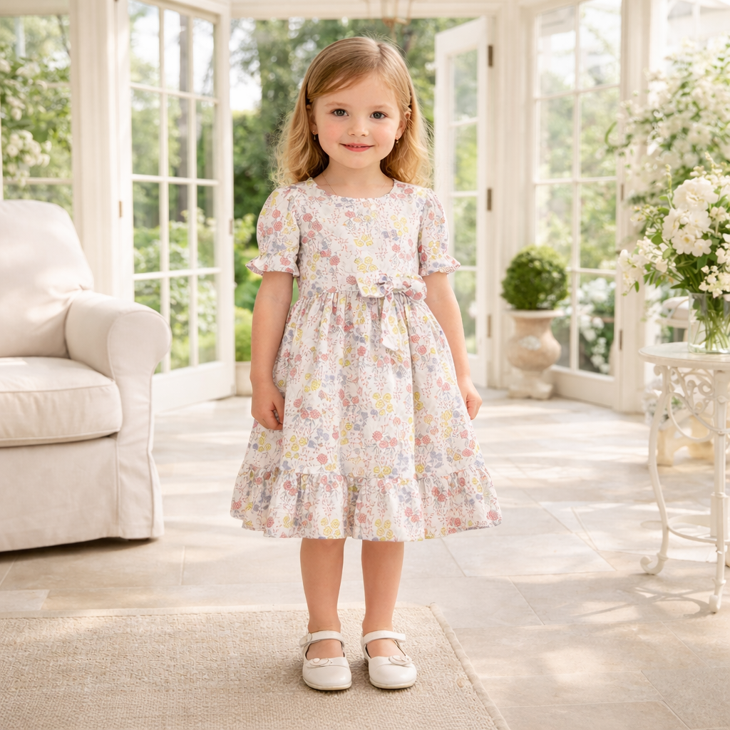 Floral Puff Sleeve Cotton Dress for Girls – Spring & Easter