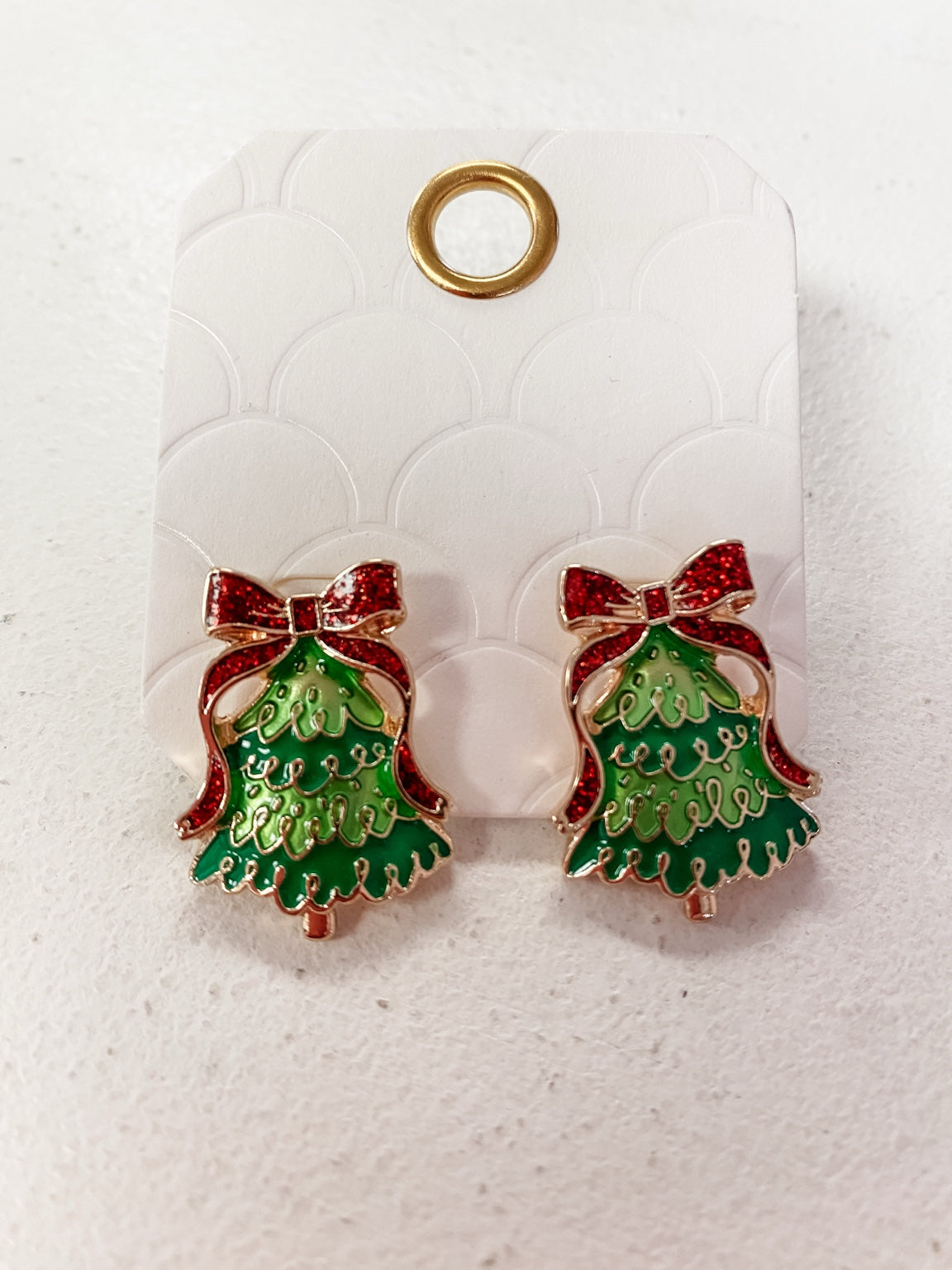 Christmas Tree Earrings with Red Glitter Bows ā Green & Gold Holiday Studs