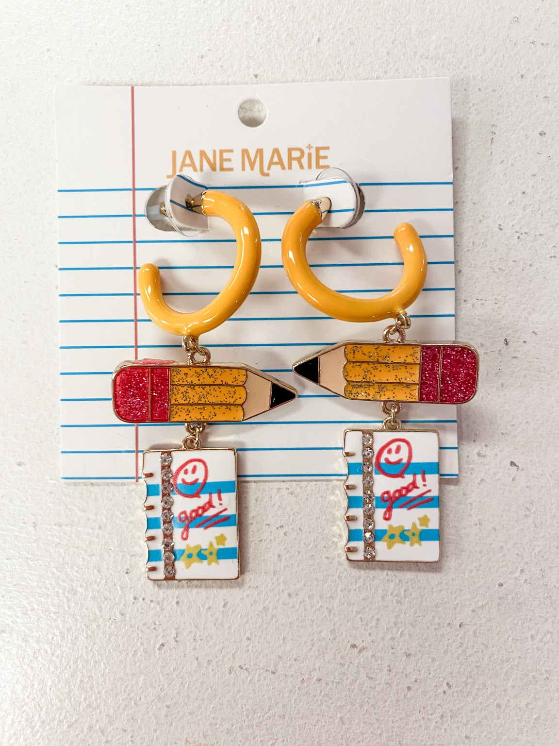 Jane Marie Teacher Earrings – Yellow Pencil & Notebook Hoops