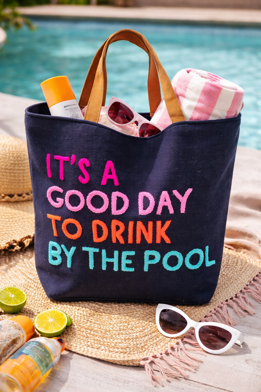Poolside Bliss Woven Cotton Tote - Navy