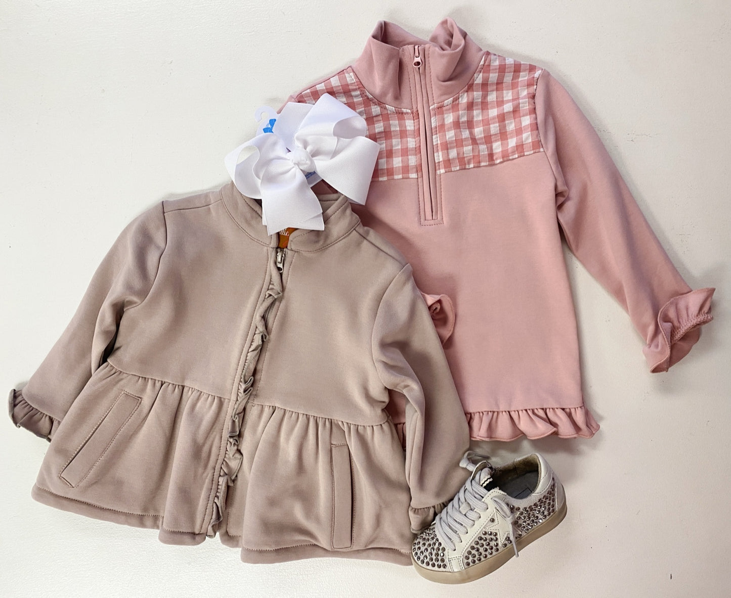 Piper Girls Jacket – Light Mocha Ruffle Zip-Up