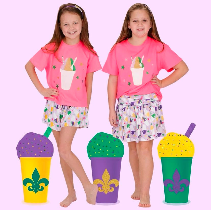 Snoball Glitter on Neon Pink Boxy T Mardi Gras