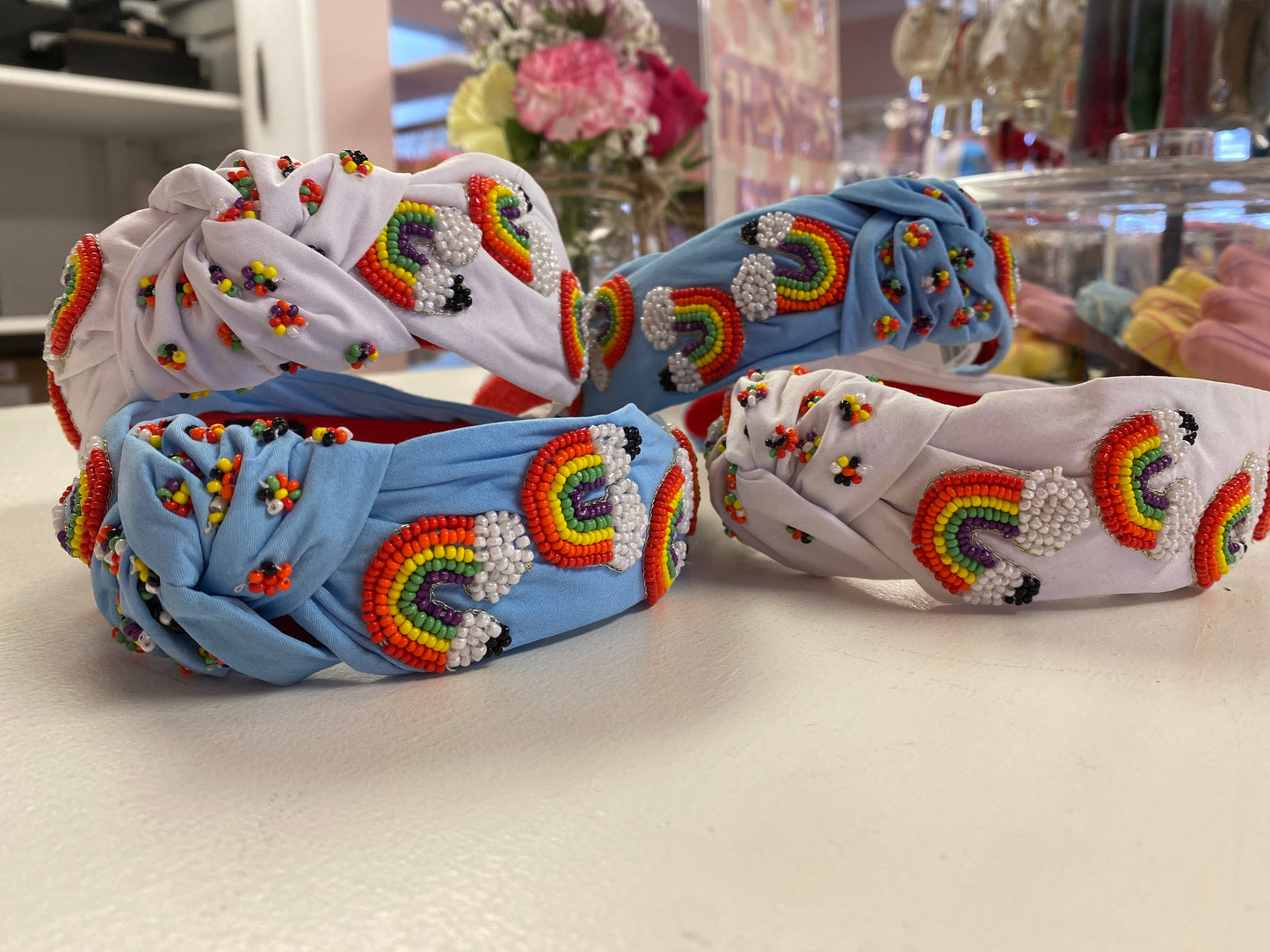 Rainbow Pencil Seed Beaded Hearts Top Knot Headband