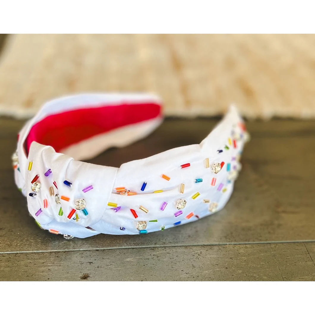 White Confetti Beaded Top Knot Headband