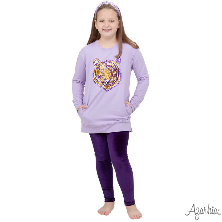 Lavender Tiger Sequin Tunic – Girls Long Sleeve Game Day Top